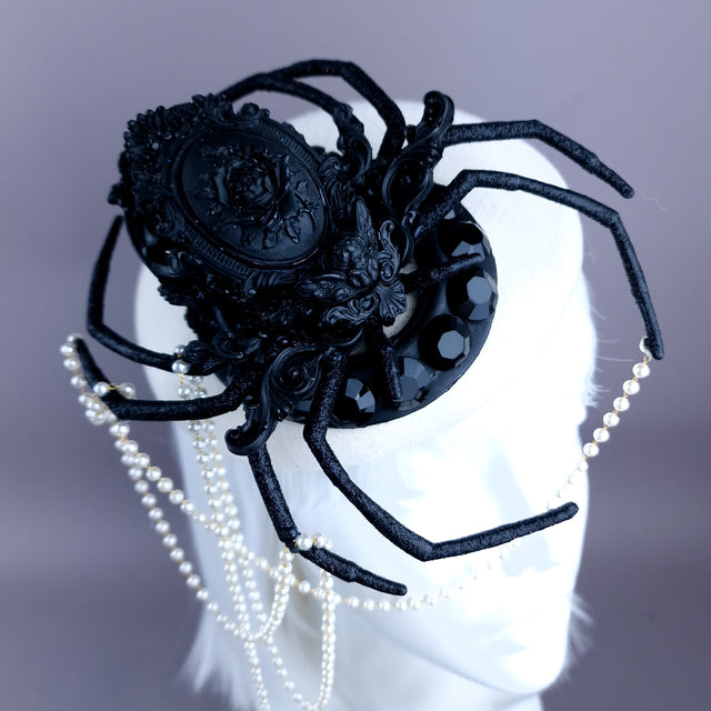 "The Webs We Weave" Black Filigree Spider & Pearl Fascinator Hat