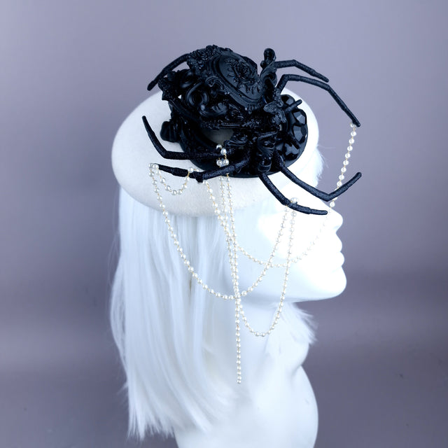 "The Webs We Weave" Black Filigree Spider & Pearl Fascinator Hat