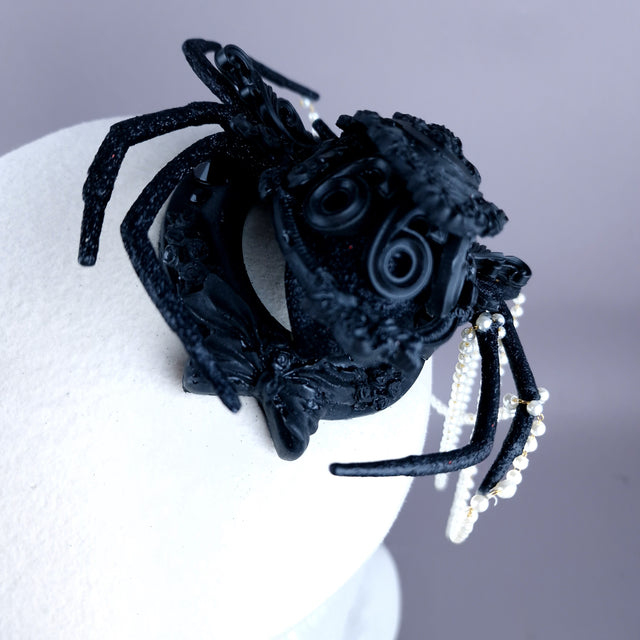 "The Webs We Weave" Black Filigree Spider & Pearl Fascinator Hat