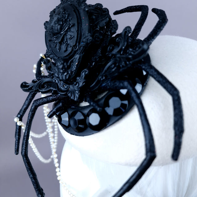 "The Webs We Weave" Black Filigree Spider & Pearl Fascinator Hat