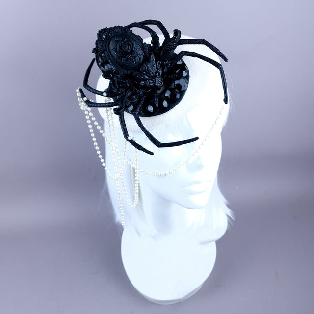 "The Webs We Weave" Black Filigree Spider & Pearl Fascinator Hat