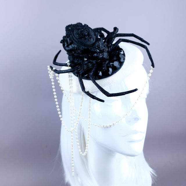 "The Webs We Weave" Black Filigree Spider & Pearl Fascinator Hat