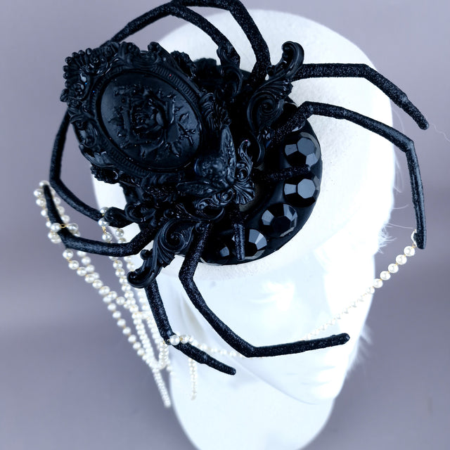 "The Webs We Weave" Black Filigree Spider & Pearl Fascinator Hat