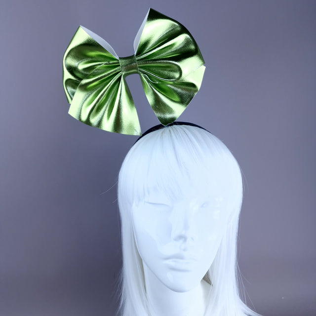 "Shirley" Metallic Lime Green Bow Headpiece