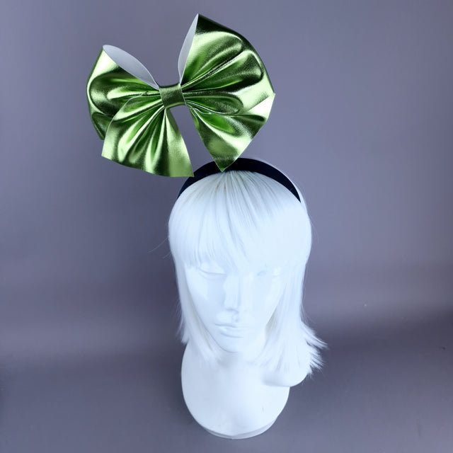 "Shirley" Metallic Lime Green Bow Headpiece