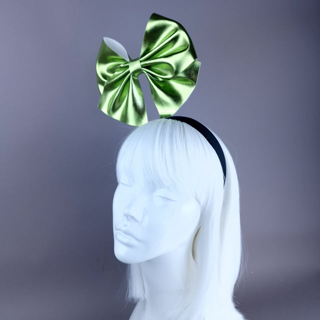 "Shirley" Metallic Lime Green Bow Headpiece