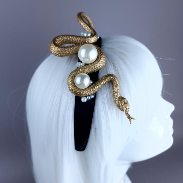 "Mixcoatl" Gold Snake & Pearl Headpiece