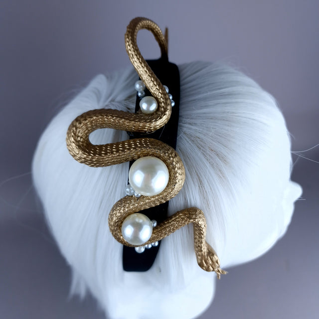 "Mixcoatl" Gold Snake & Pearl Headpiece