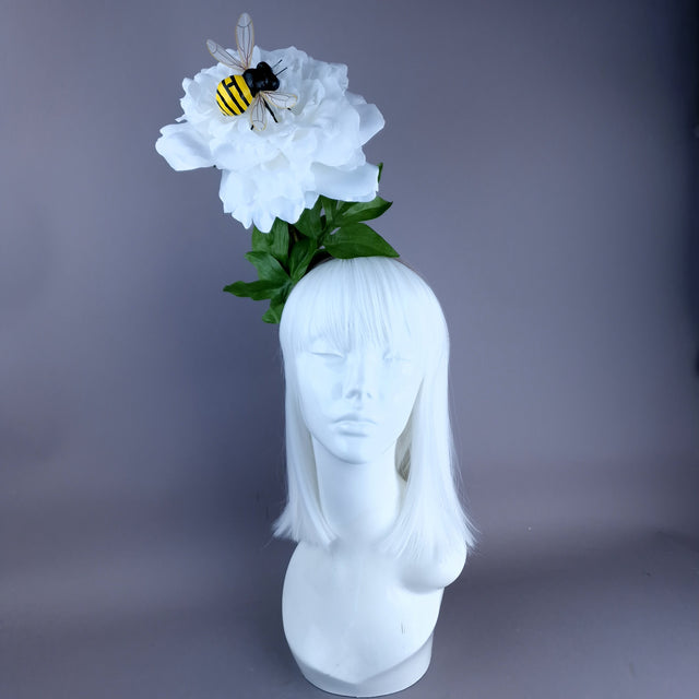 "Alette" Huge White Flower & Bee Headpiece
