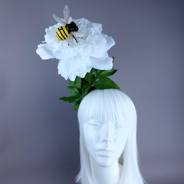 "Alette" Huge White Flower & Bee Headpiece