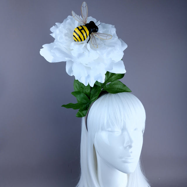 "Alette" Huge White Flower & Bee Headpiece