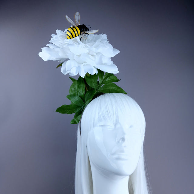 "Alette" Huge White Flower & Bee Headpiece