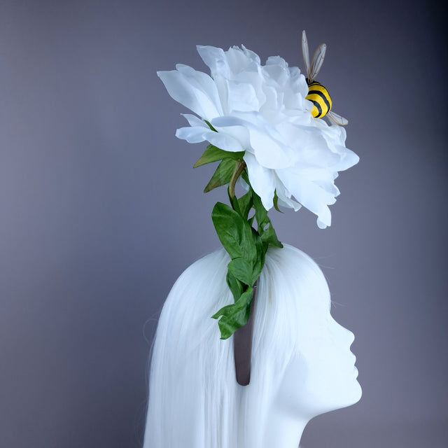 "Alette" Huge White Flower & Bee Headpiece