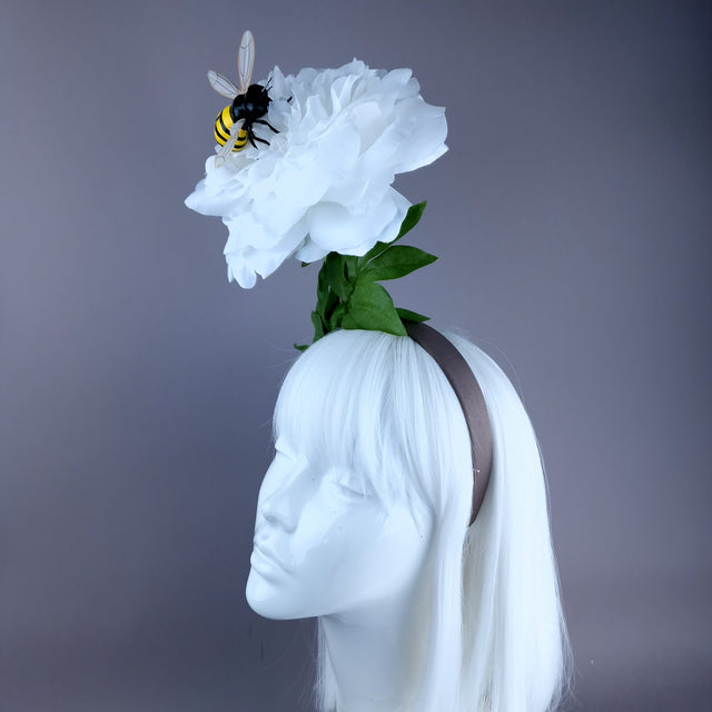 "Alette" Huge White Flower & Bee Headpiece