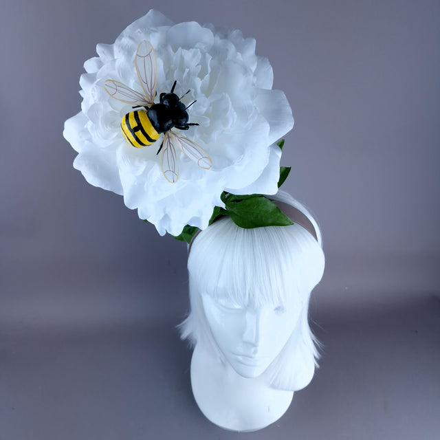 "Alette" Huge White Flower & Bee Headpiece