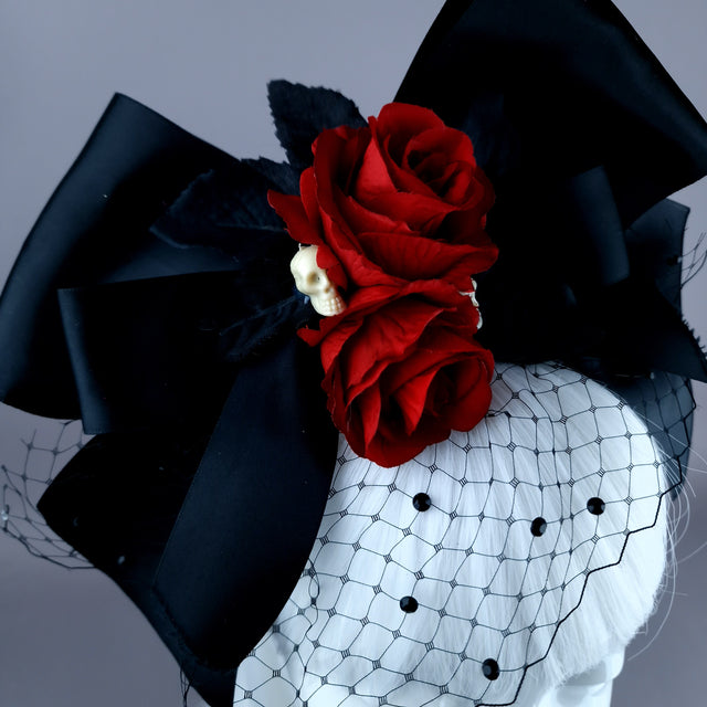 "Raizel" Red Rose Bow & Veil Headdress