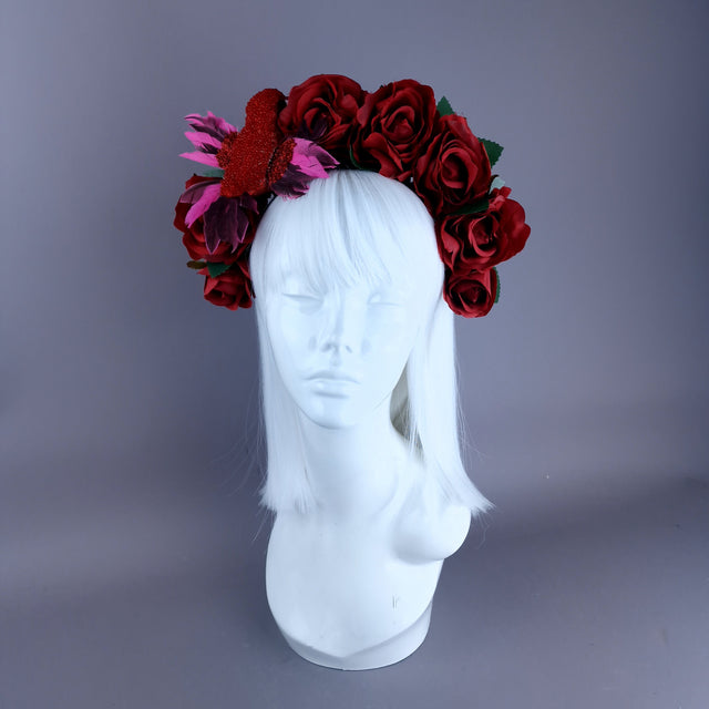"Nara" Red Rose & Bird Flower Crown