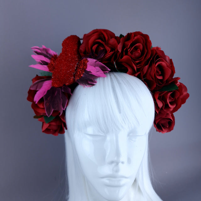"Nara" Red Rose & Bird Flower Crown