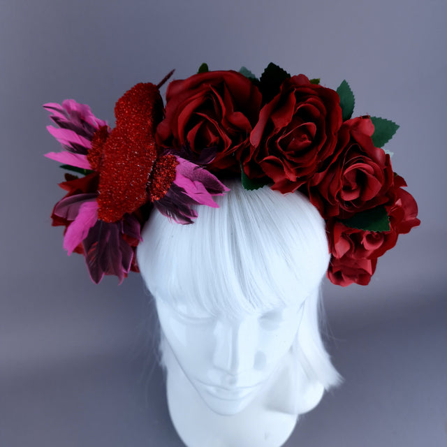 "Nara" Red Rose & Bird Flower Crown