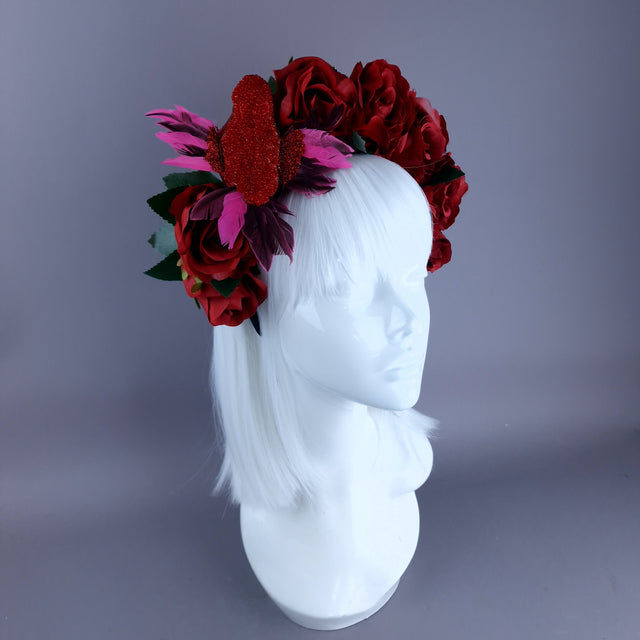 "Nara" Red Rose & Bird Flower Crown