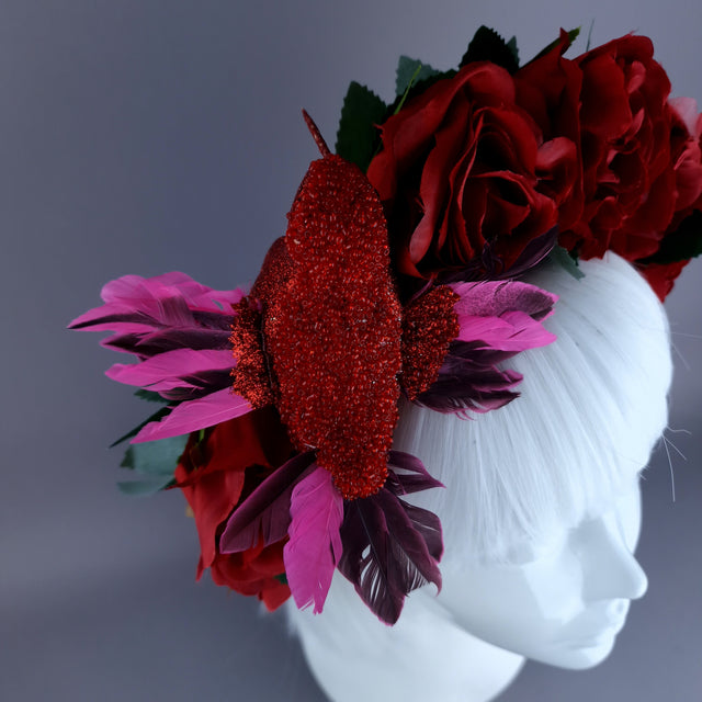 "Nara" Red Rose & Bird Flower Crown