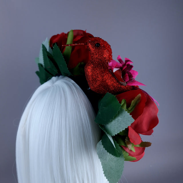 "Nara" Red Rose & Bird Flower Crown