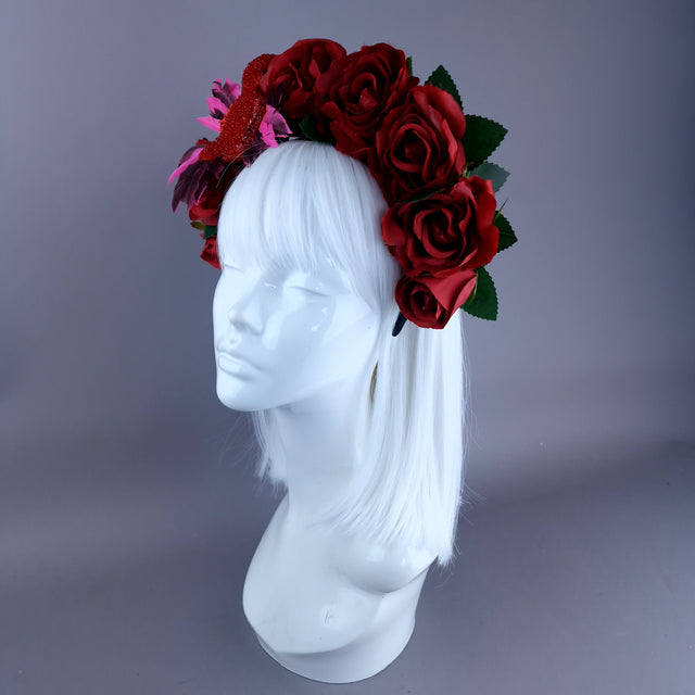 "Nara" Red Rose & Bird Flower Crown