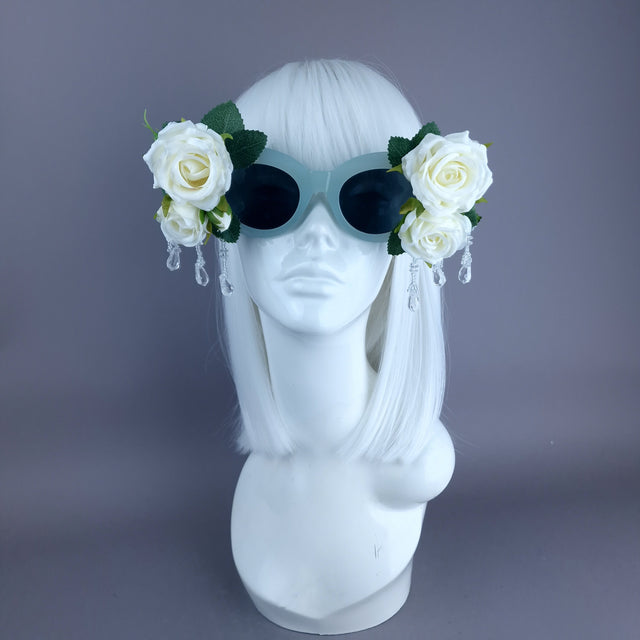 "Rosalind" Silk Ivory Rose & Beading Green Sunglasses
