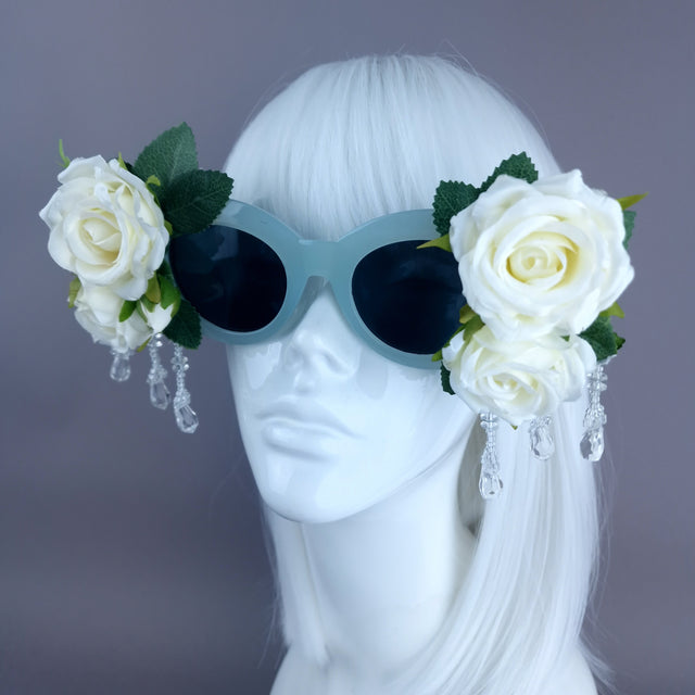 "Rosalind" Silk Ivory Rose & Beading Green Sunglasses