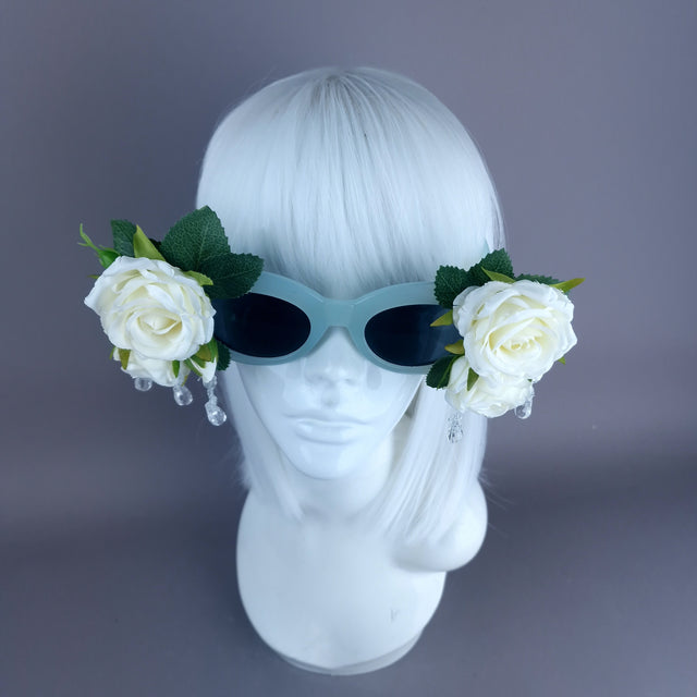 "Rosalind" Silk Ivory Rose & Beading Green Sunglasses