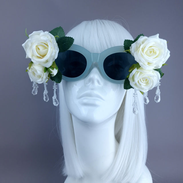 "Rosalind" Silk Ivory Rose & Beading Green Sunglasses