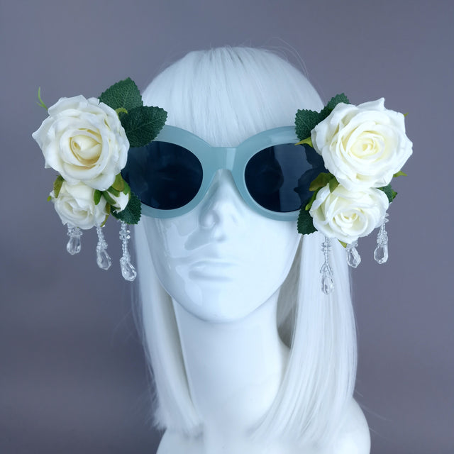 "Rosalind" Silk Ivory Rose & Beading Green Sunglasses