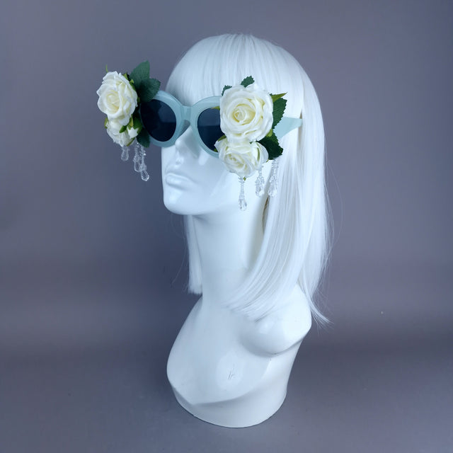 "Rosalind" Silk Ivory Rose & Beading Green Sunglasses