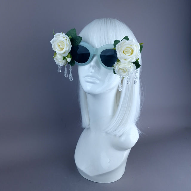 "Rosalind" Silk Ivory Rose & Beading Green Sunglasses