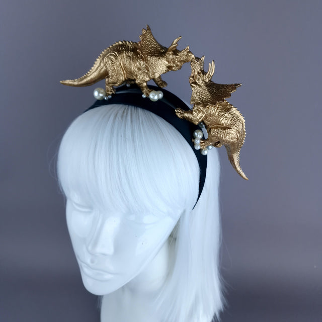 "Forever & Ever" Gold & Pearl Triceratops Dinosaur Headband