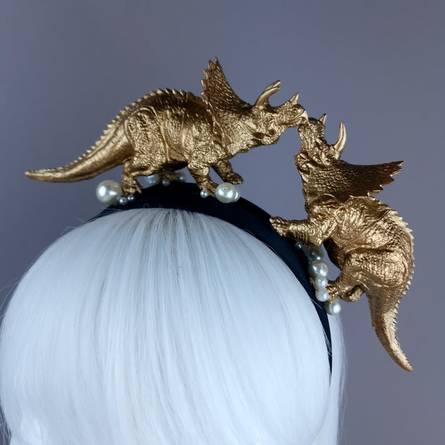 "Forever & Ever" Gold & Pearl Triceratops Dinosaur Headband