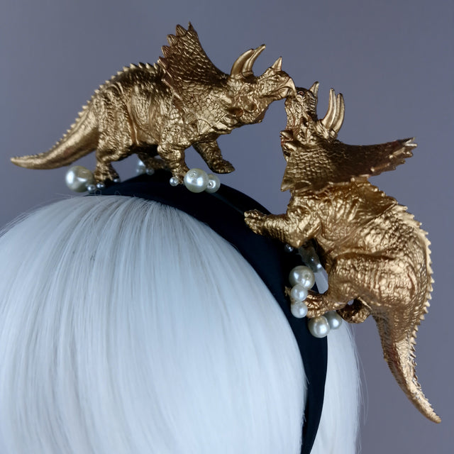 "Forever & Ever" Gold & Pearl Triceratops Dinosaur Headband