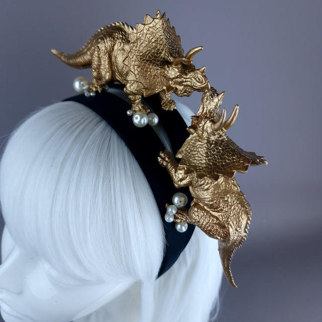 "Forever & Ever" Gold & Pearl Triceratops Dinosaur Headband