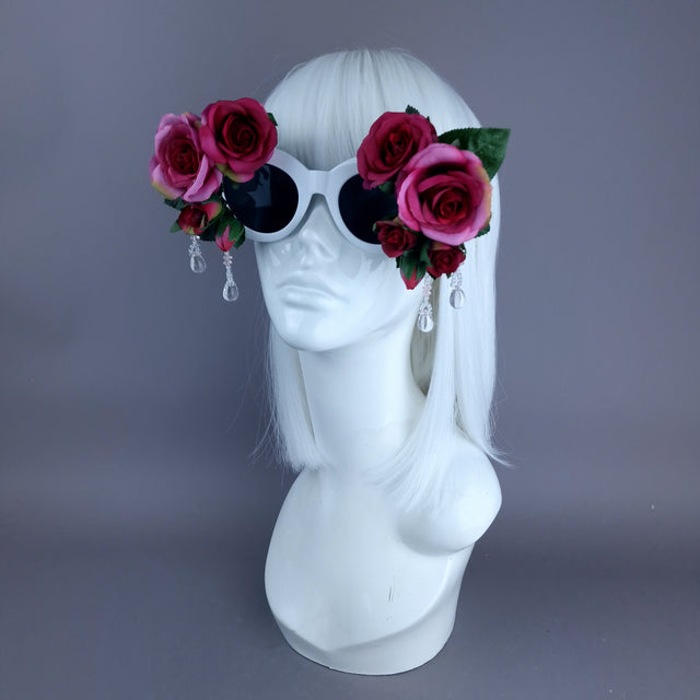 "Rosalind" Silk Pink Rose & Beading White Sunglasses