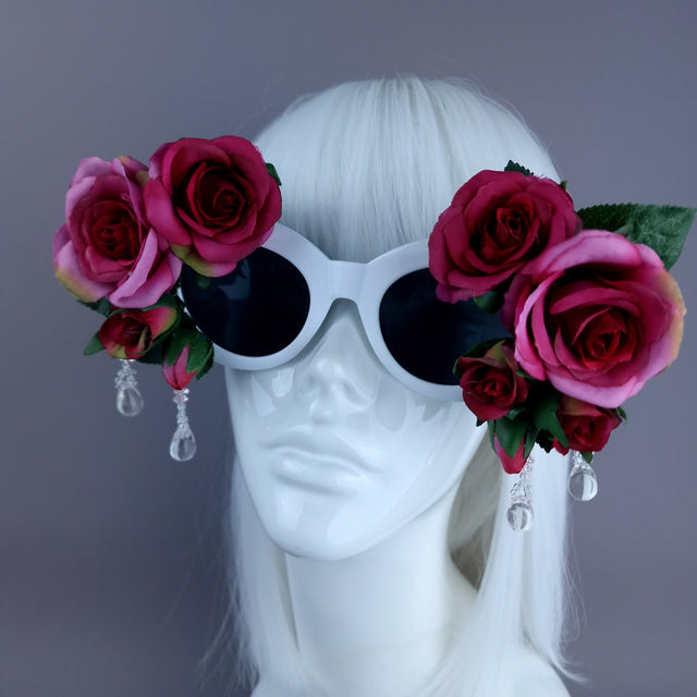 "Rosalind" Silk Pink Rose & Beading White Sunglasses