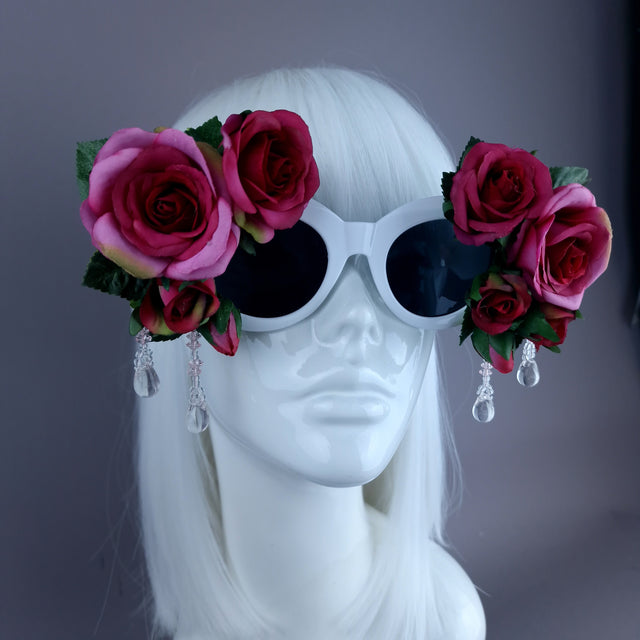 "Rosalind" Silk Pink Rose & Beading White Sunglasses