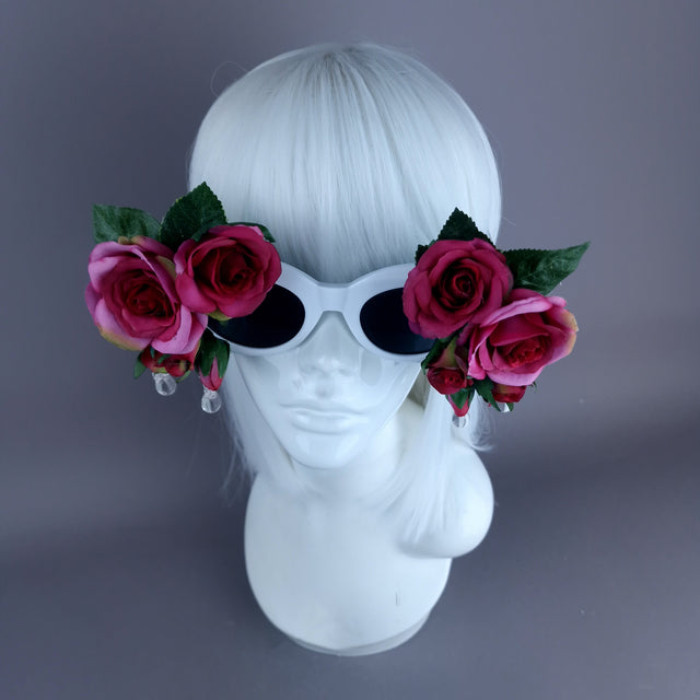 "Rosalind" Silk Pink Rose & Beading White Sunglasses