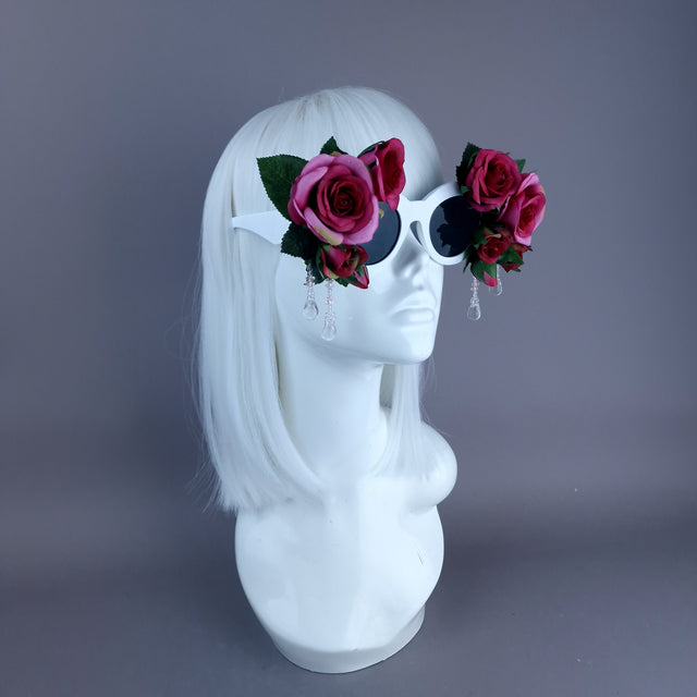 "Rosalind" Silk Pink Rose & Beading White Sunglasses