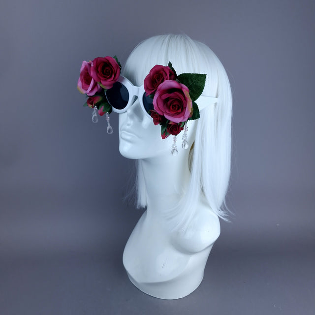 "Rosalind" Silk Pink Rose & Beading White Sunglasses