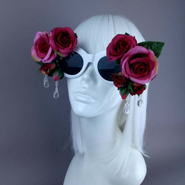 "Rosalind" Silk Pink Rose & Beading White Sunglasses