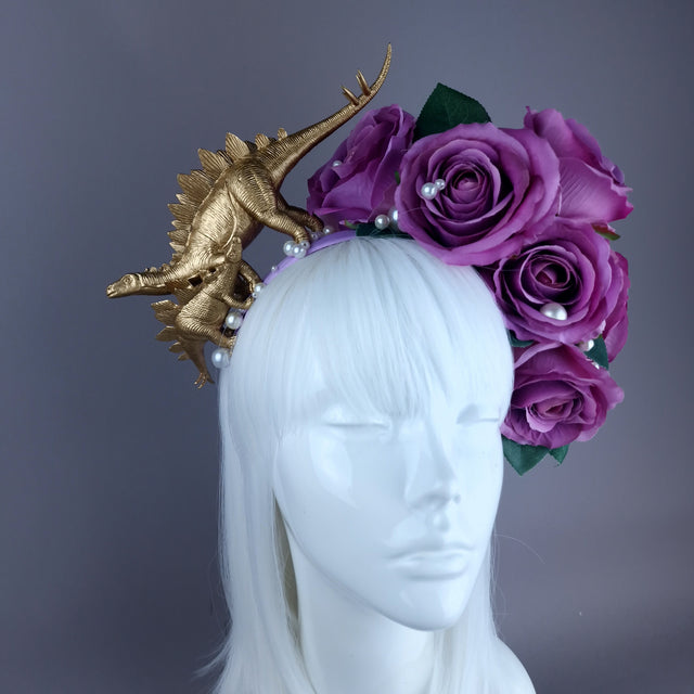 "Bebe" Dinosaur, Pearls & Purple Rose Headdress