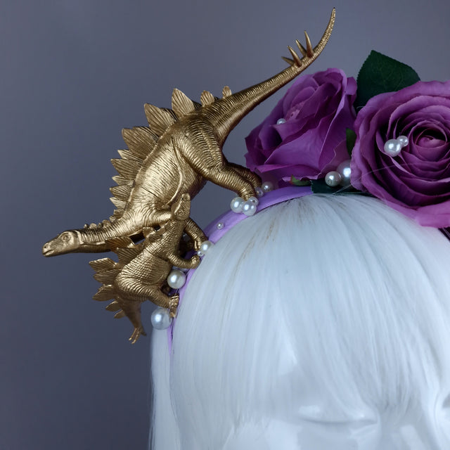 "Bebe" Dinosaur, Pearls & Purple Rose Headdress