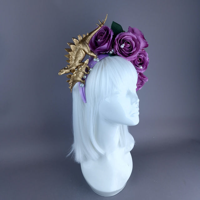 "Bebe" Dinosaur, Pearls & Purple Rose Headdress