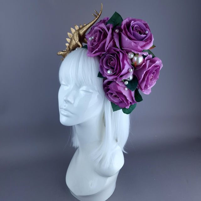 "Bebe" Dinosaur, Pearls & Purple Rose Headdress