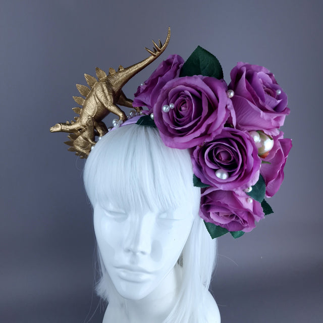 "Bebe" Dinosaur, Pearls & Purple Rose Headdress